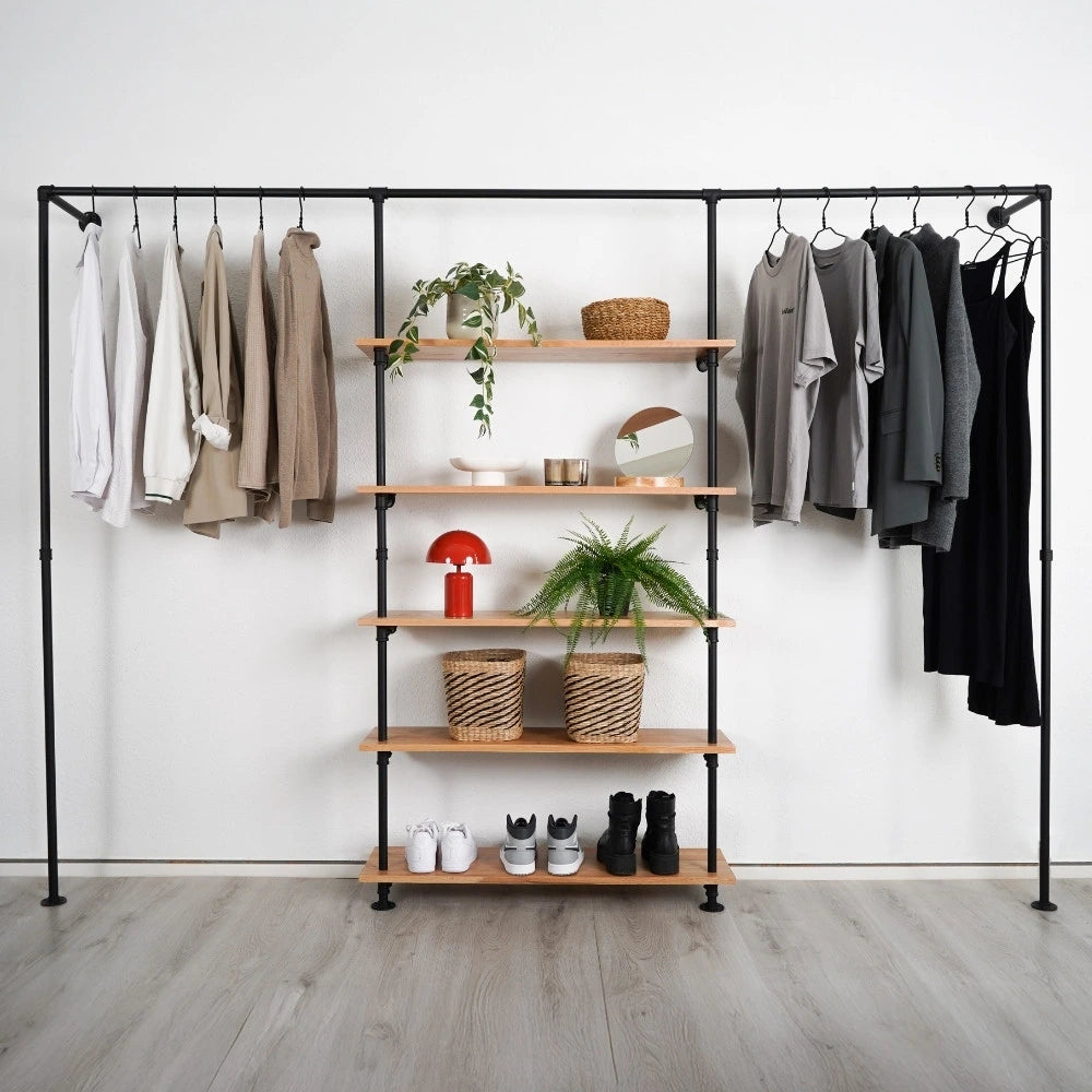 Kleiderstange mit Regalbrettern - Rohrmöbel - frontal Ansicht - Modell Magnus V:::schwarz