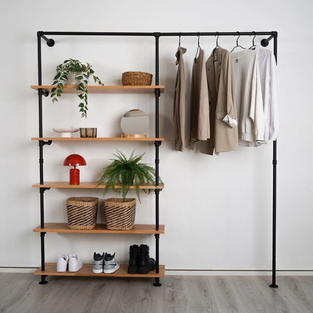 Kleiderstange wand mit Holzbrettern - Schwarze Rohrmöbel - Modell Elias V|||50992802529544