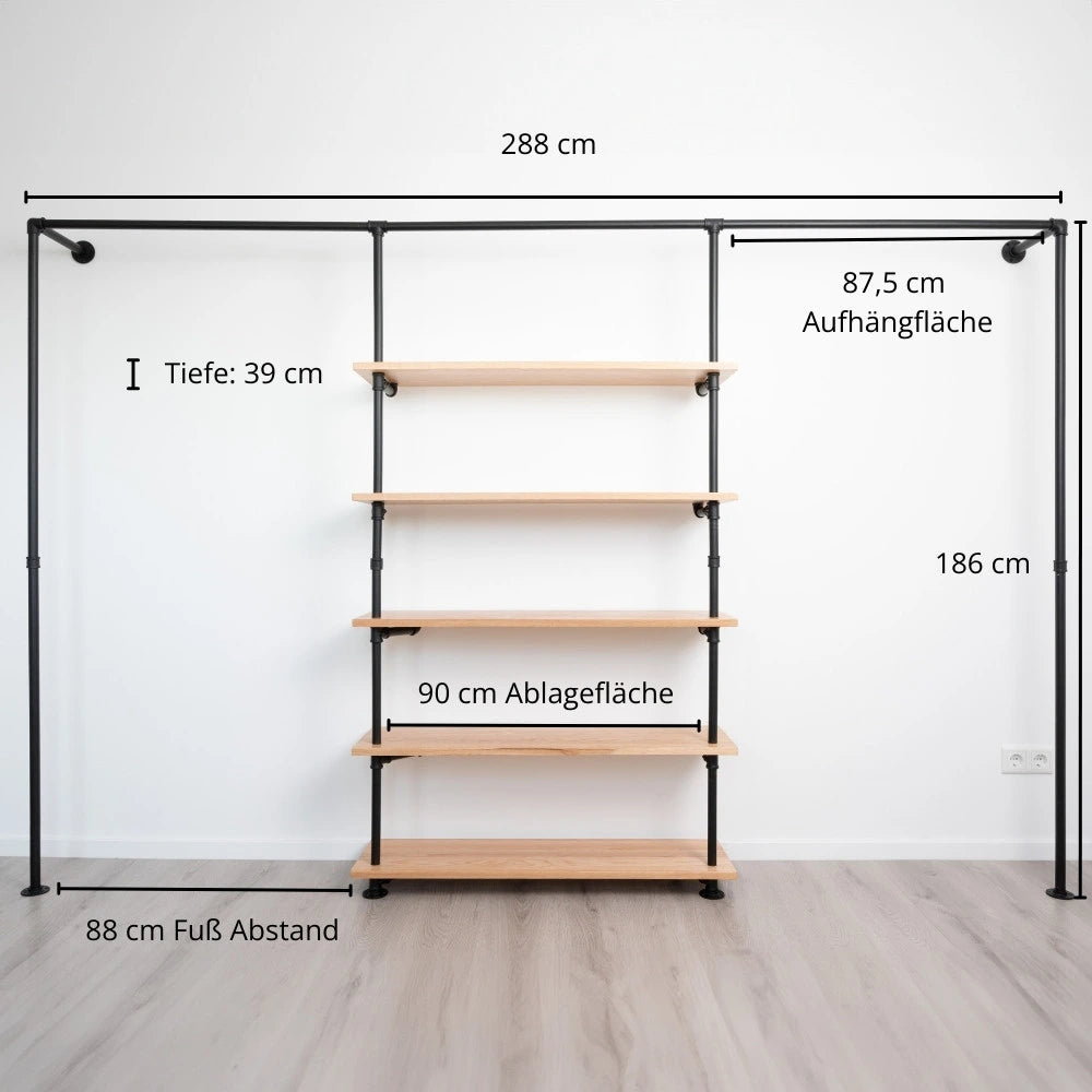 Kleiderstange mit Regalbrettern - Rohrmöbel - Maßebild - Modell Magnus V:::schwarz