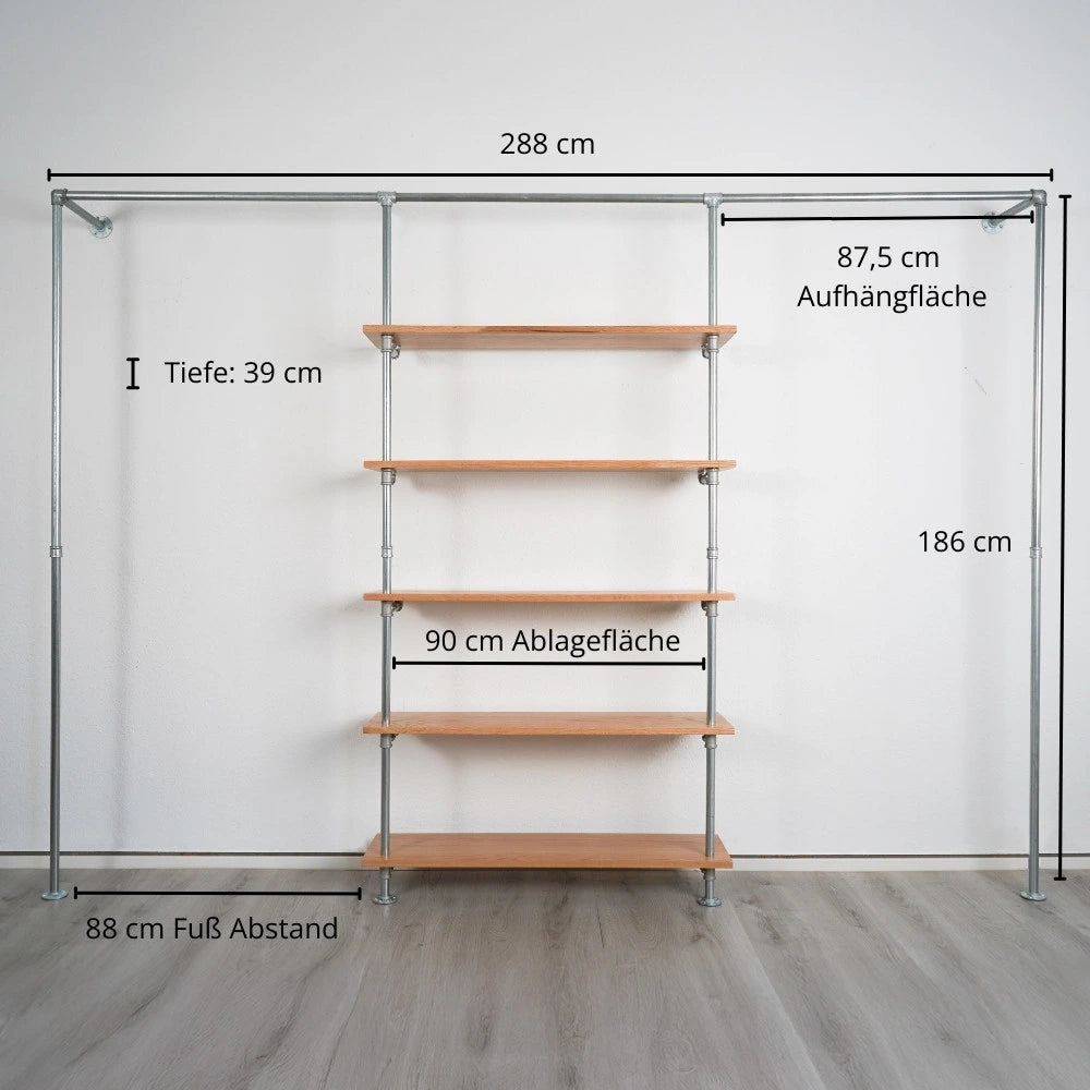Kleiderstange silber mit Regalbrettern - Maßebild - Modell Magnus V:::silber