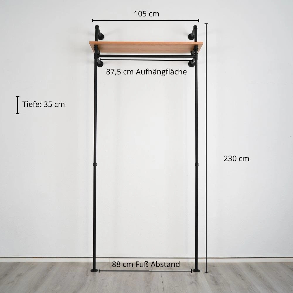 Kleiderstange mit Regalbrett - Schwarze Garderobe Frontalansicht Maßebild - Modell Lisa|||51541622030600