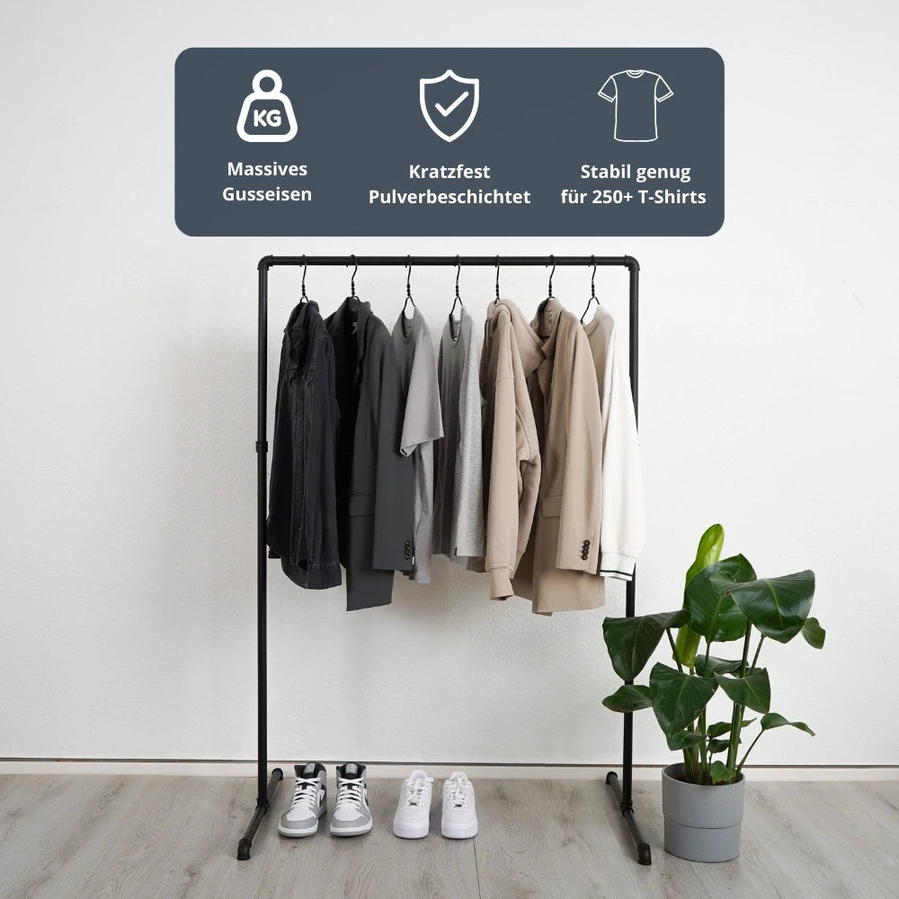 Freistehender Kleiderständer schwarz - U Form - Frontalansicht mit kurzen Klamotten - Modell Paula:::schwarz