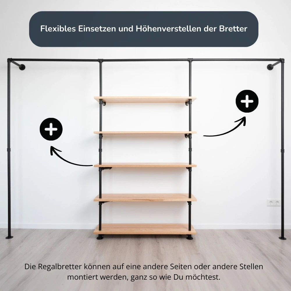 Kleiderstange mit Regalbrettern - Rohrmöbel - frontal Ansicht mit flexiblen Holzbrettern - Modell Magnus V:::schwarz