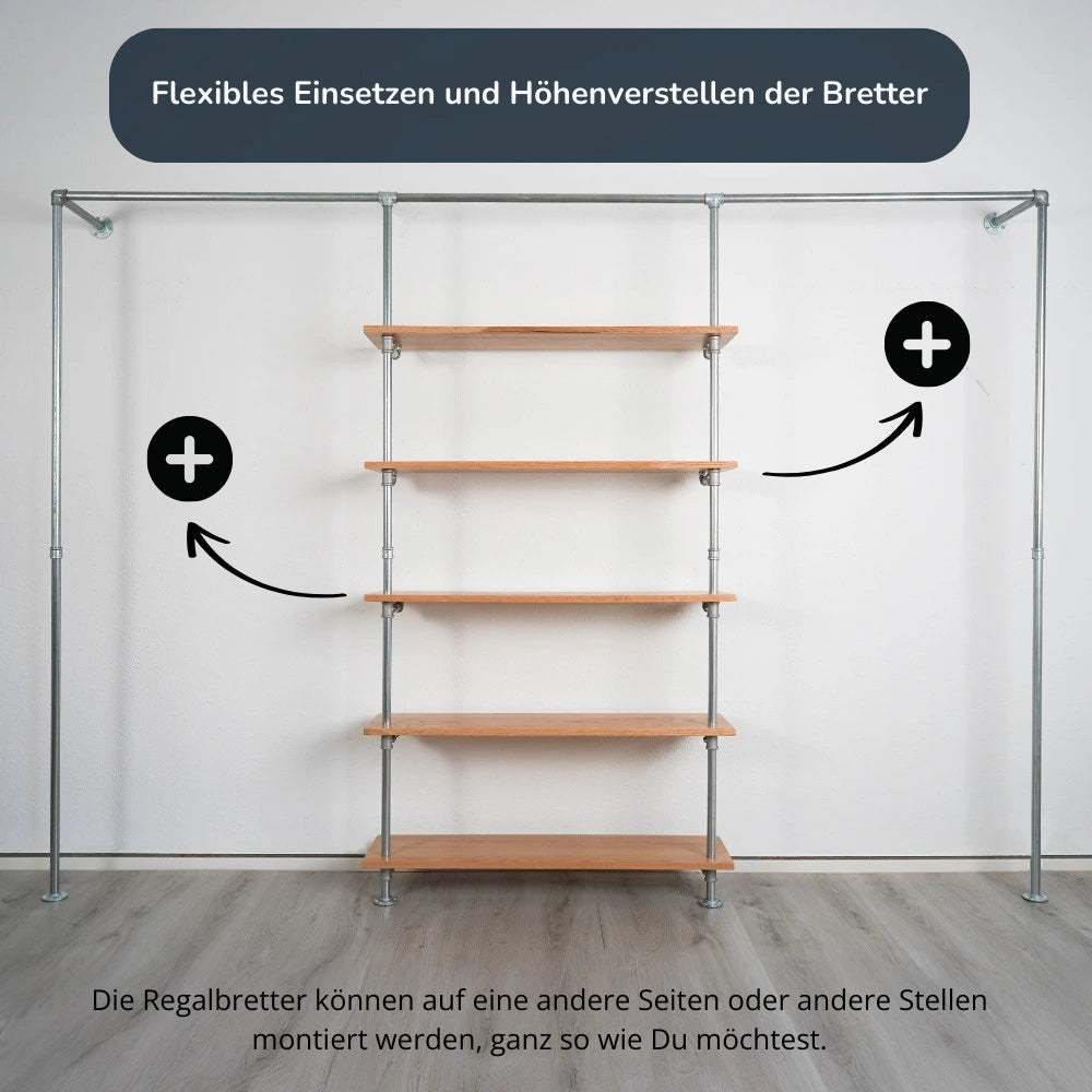 Kleiderstange silber mit Regalbrettern - Frontalansicht ohne Kleidung - Modell Magnus V:::silber