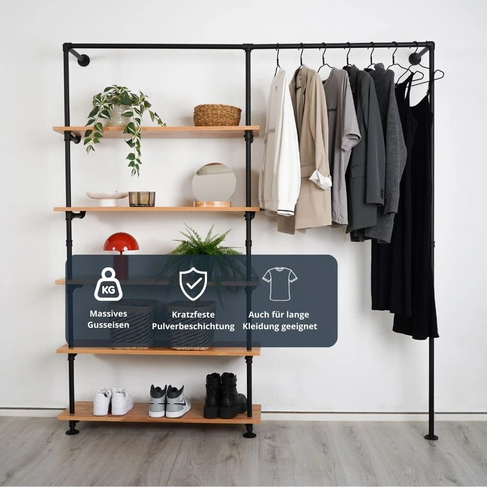 Kleiderstange wand mit Holzbrettern - Frontale Ansicht - Modell Elias V|||50992802529544