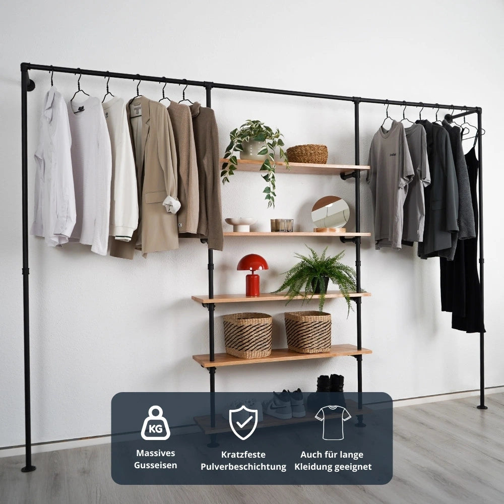 Kleiderstange mit Regalbrettern - Rohrmöbel - schräge Ansicht - Modell Magnus V:::schwarz