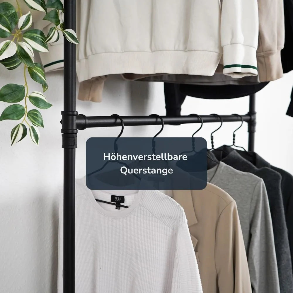 Kleiderstange mit Regalbrett - Schwarze Garderobe mit viel Stauraum Nahaufnahme verstellbare Querstange- Modell Lisa|||51541622063368