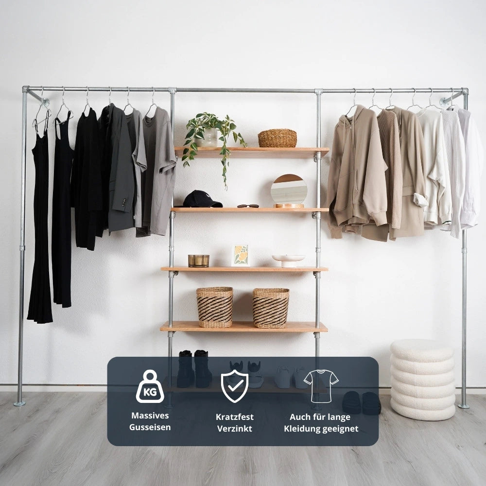 Kleiderstange silber mit Regalbrettern - Frontalansicht - Modell Magnus V:::silber