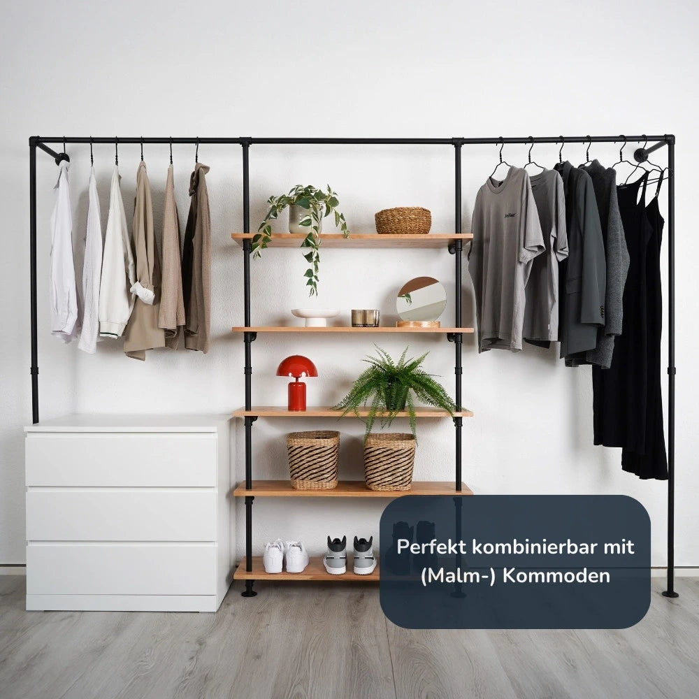 Kleiderstange mit Regalbrettern - Rohrmöbel - frontal Ansicht mit Kommode - Modell Magnus V:::schwarz