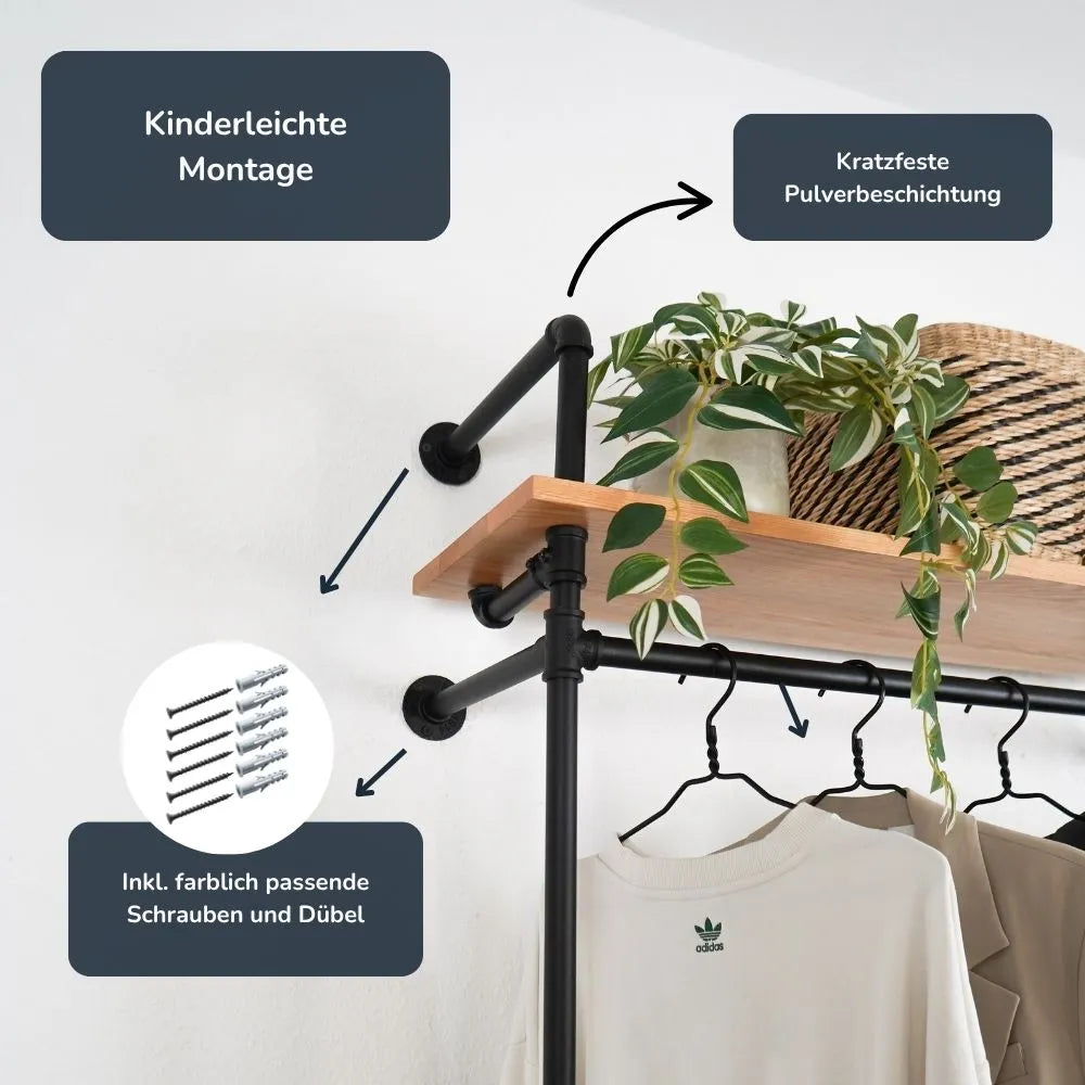 Kleiderstange mit Regalbrett - Schwarze Garderobe mit viel Stauraum Nahaufnahme Wandbefestigung - Modell Lisa:::schwarz