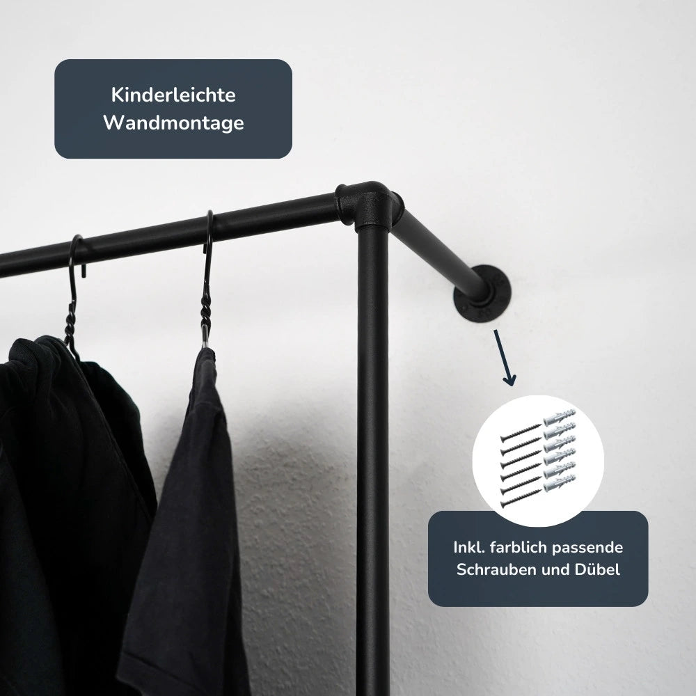 Kleiderstange mit Regalbrettern - Rohrmöbel - Nahaufnahme Wandbefestigung - Modell Magnus V:::schwarz