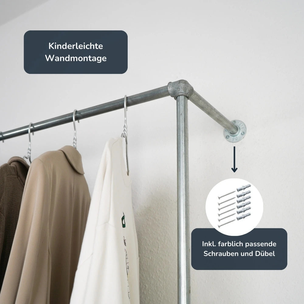 Kleiderstange silber mit Regalbrettern - Nahaufnahme Wandbefestigung - Modell Magnus V:::silber