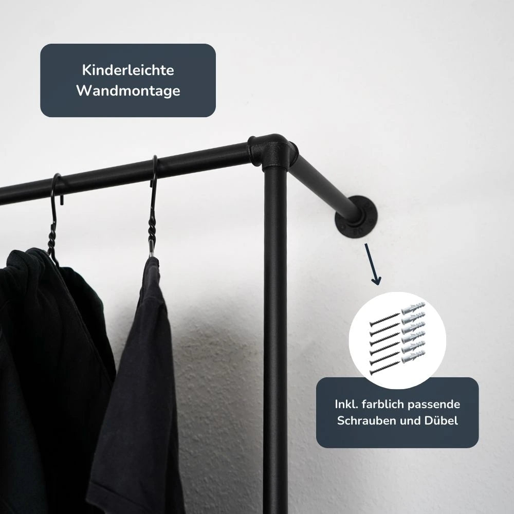 Kleiderstange wandmontiert Wandmontage nahaufnahme schwarz:::schwarz