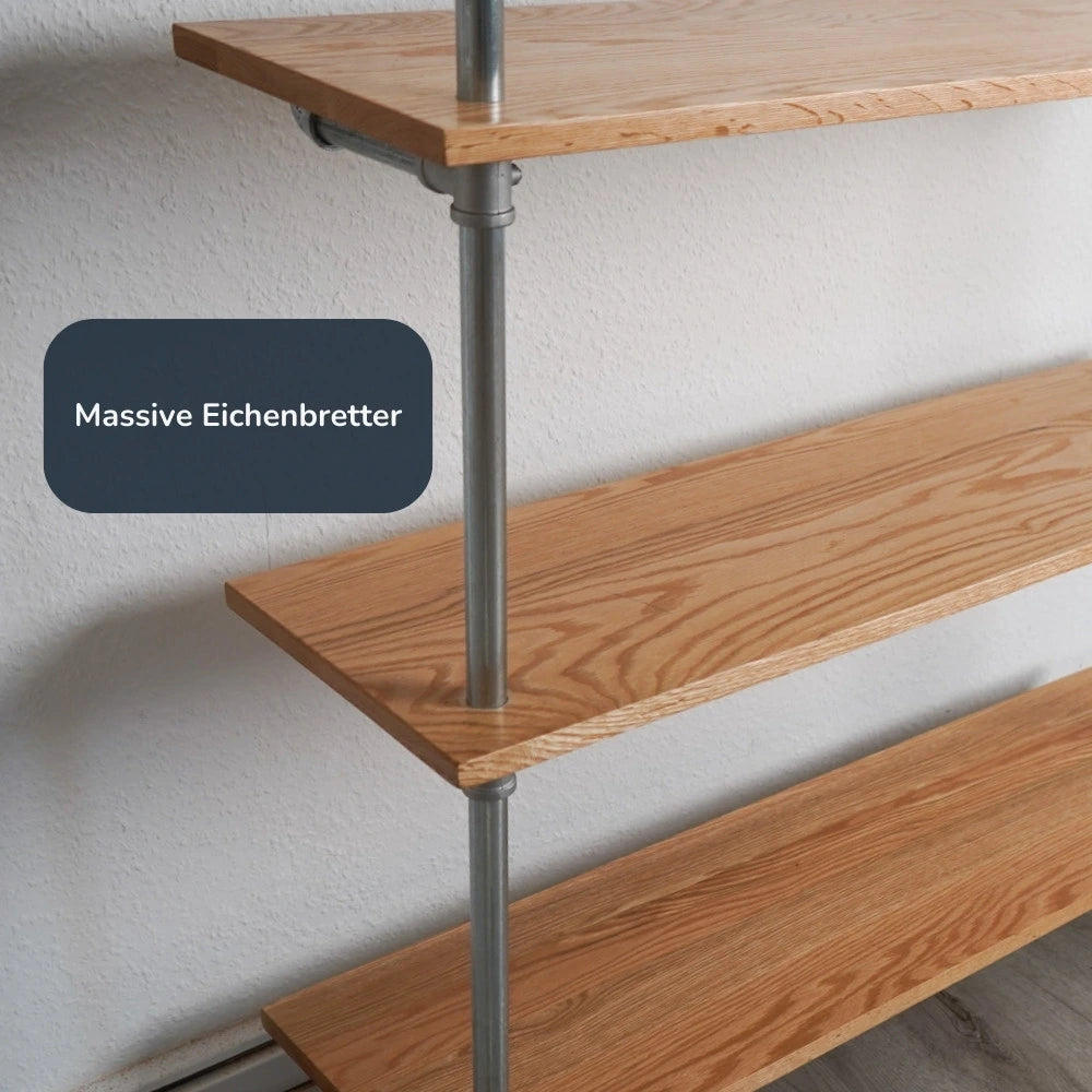 Kleiderstange silber mit Regalbrettern - Nahaufnahme Eichenbretter Höhenverstellbar - Modell Magnus V:::silber