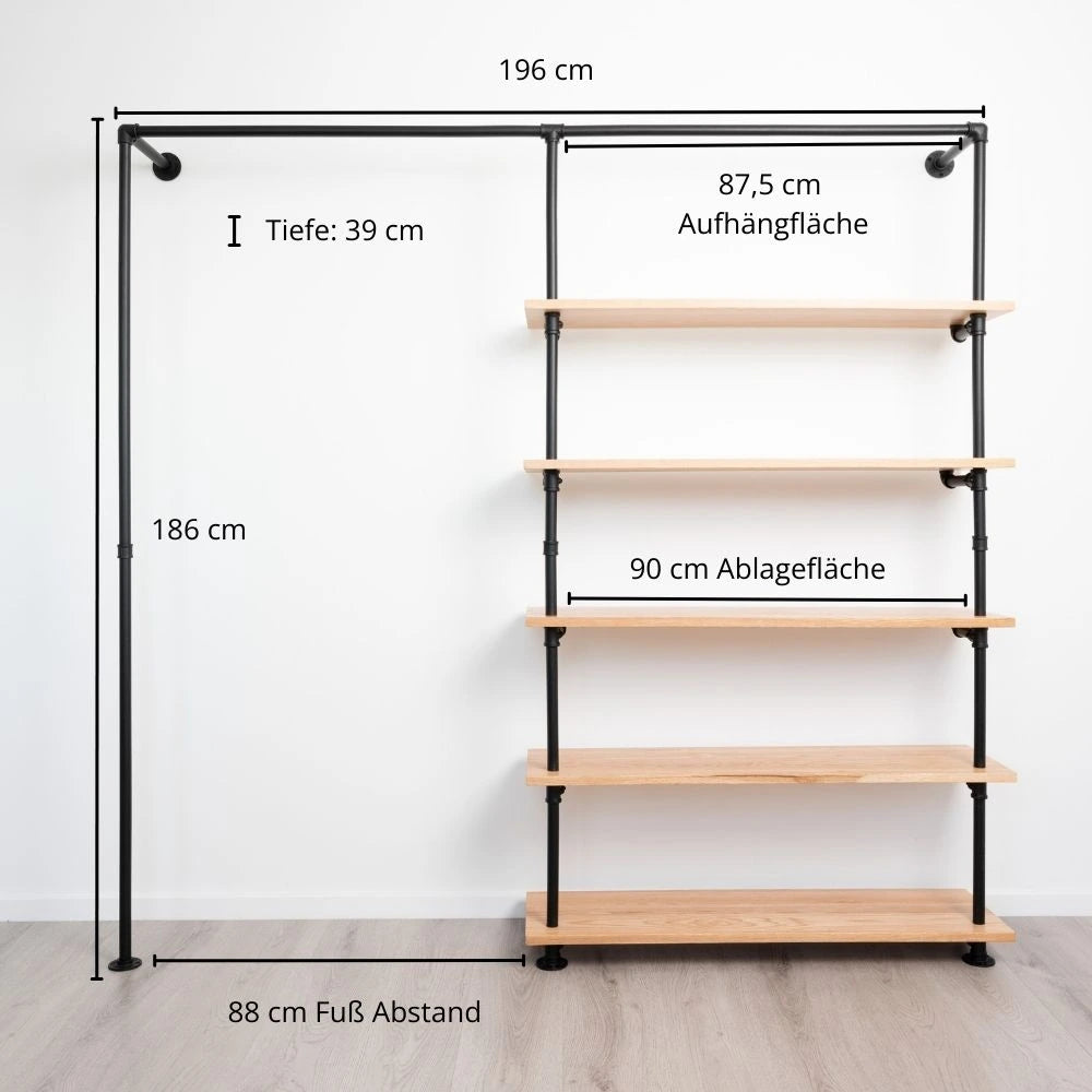 Kleiderstange wand mit Holzbrettern - Maßebild - Modell Elias V|||50992802529544