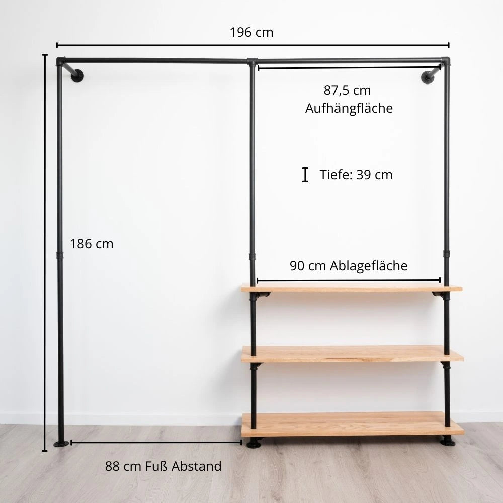 Kleiderstange schwarz mit Regalbrettern aus Eiche - Frontale Ansicht mit Maßen - Modell Elias III|||50942677057800