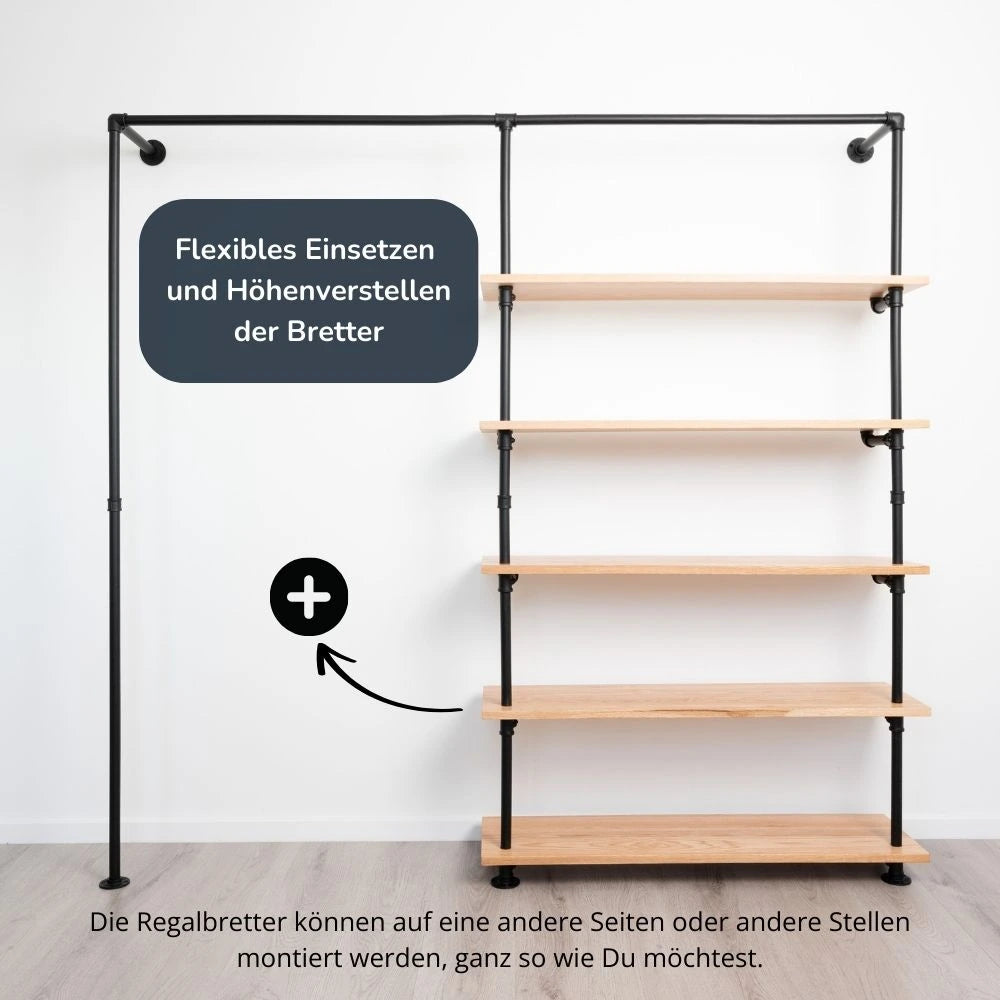 Kleiderstange wand mit Holzbrettern - Frontale Ansicht mit verstellbaren Holzbrettern - Modell Elias V|||50992802529544