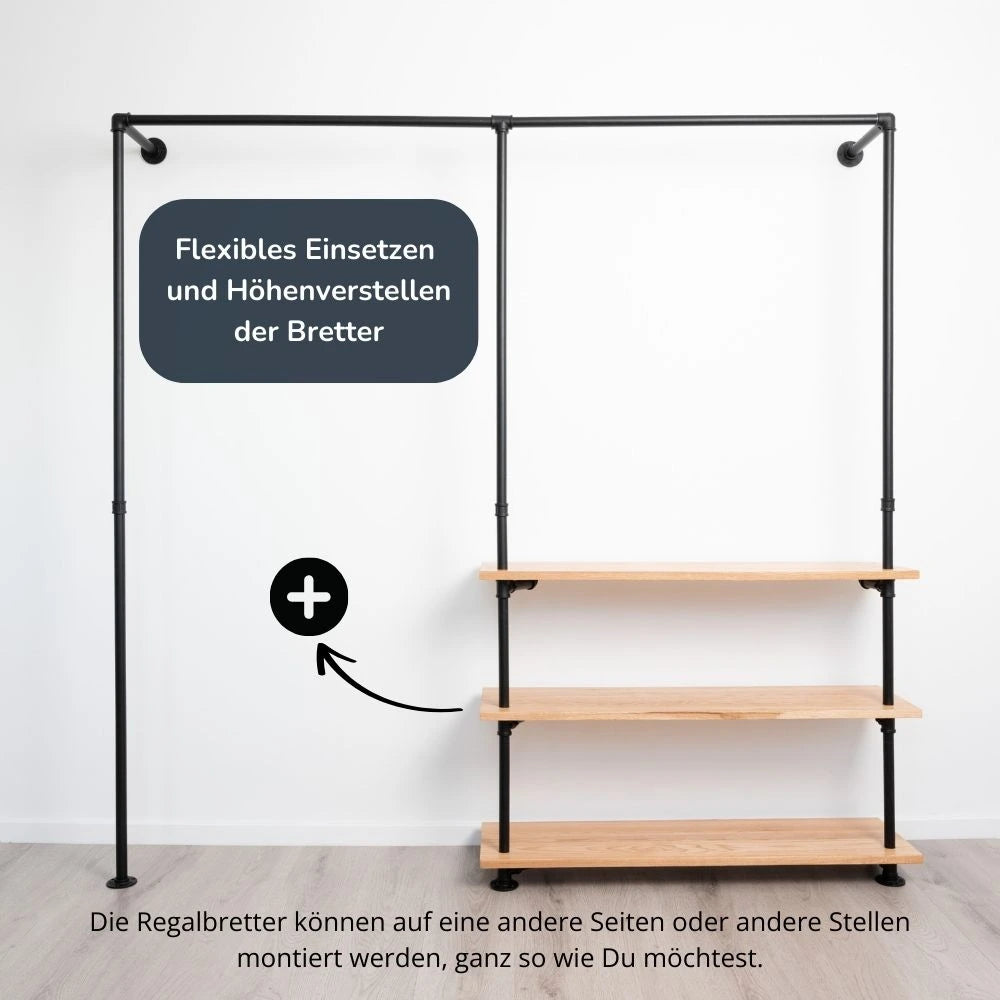 Kleiderstange schwarz mit Regalbrettern aus Eiche - Frontale Ansicht mit verstellbaren Holzbrettern - Modell Elias III|||50942677057800