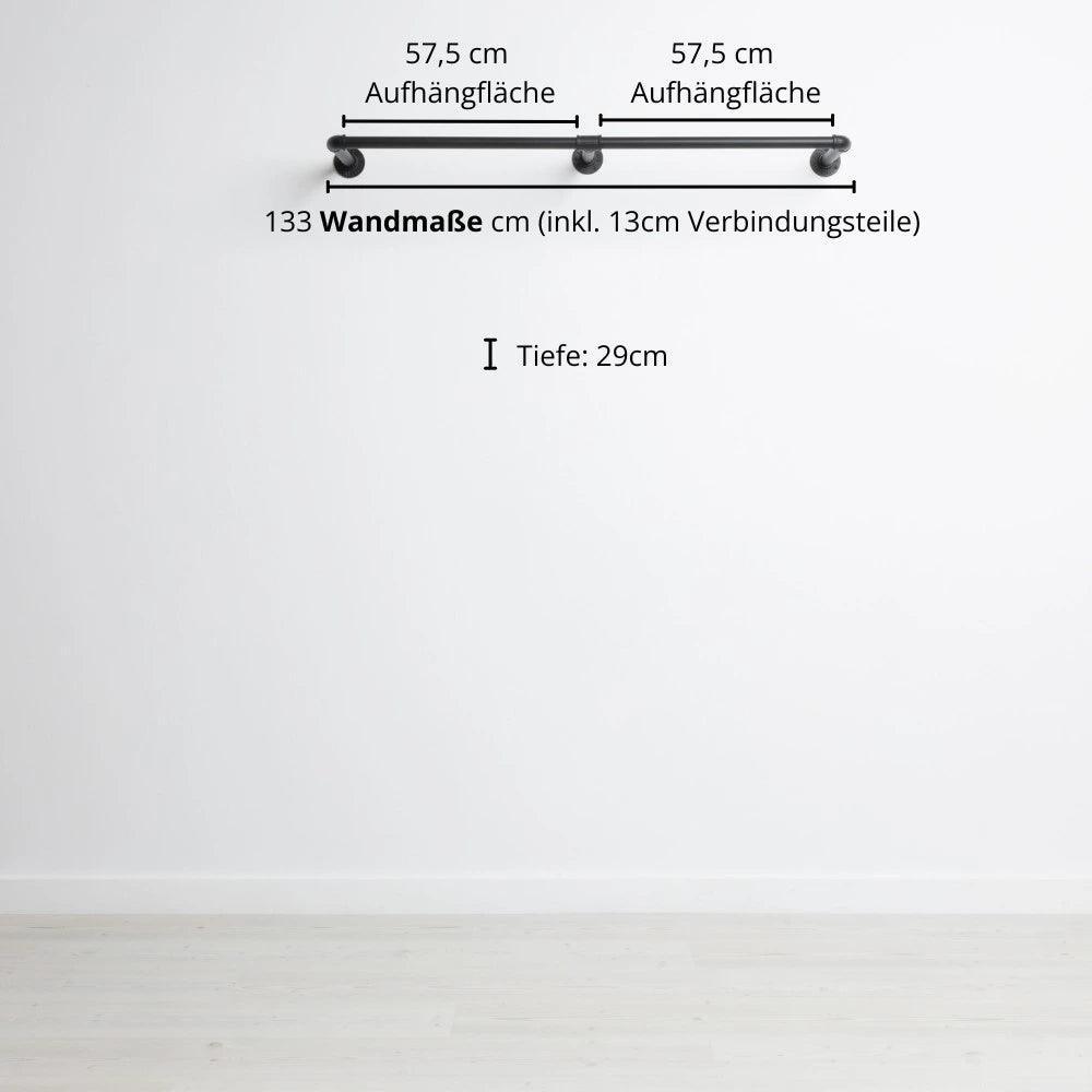 Kleiderstange wandmontiert schwarz - Modell Kaspar Double - Maßebild 133cm Breite|||49628204859656