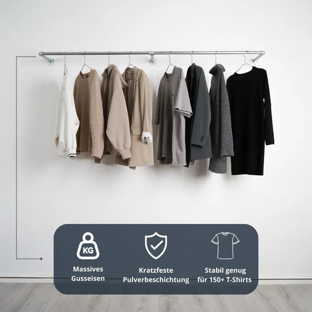 Kleiderstange wandmontiert silber - Modell Kaspar Double - frontal Ansicht:::silber