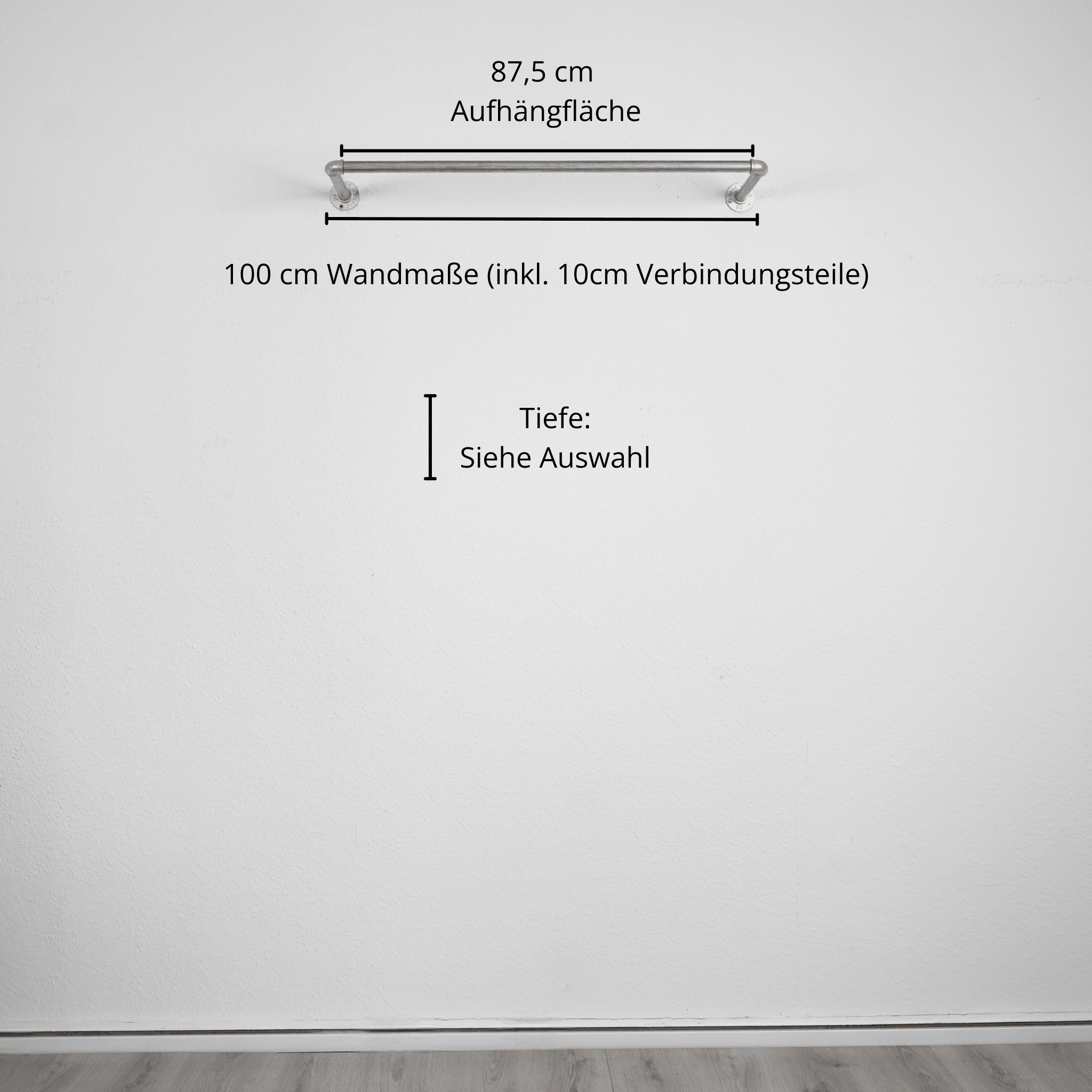 Kleiderstange wandmontiert silber- Modell Kaspar - Maßebild 100cm Breite|||50937761988872,50937762021640,50937762054408,50937762087176