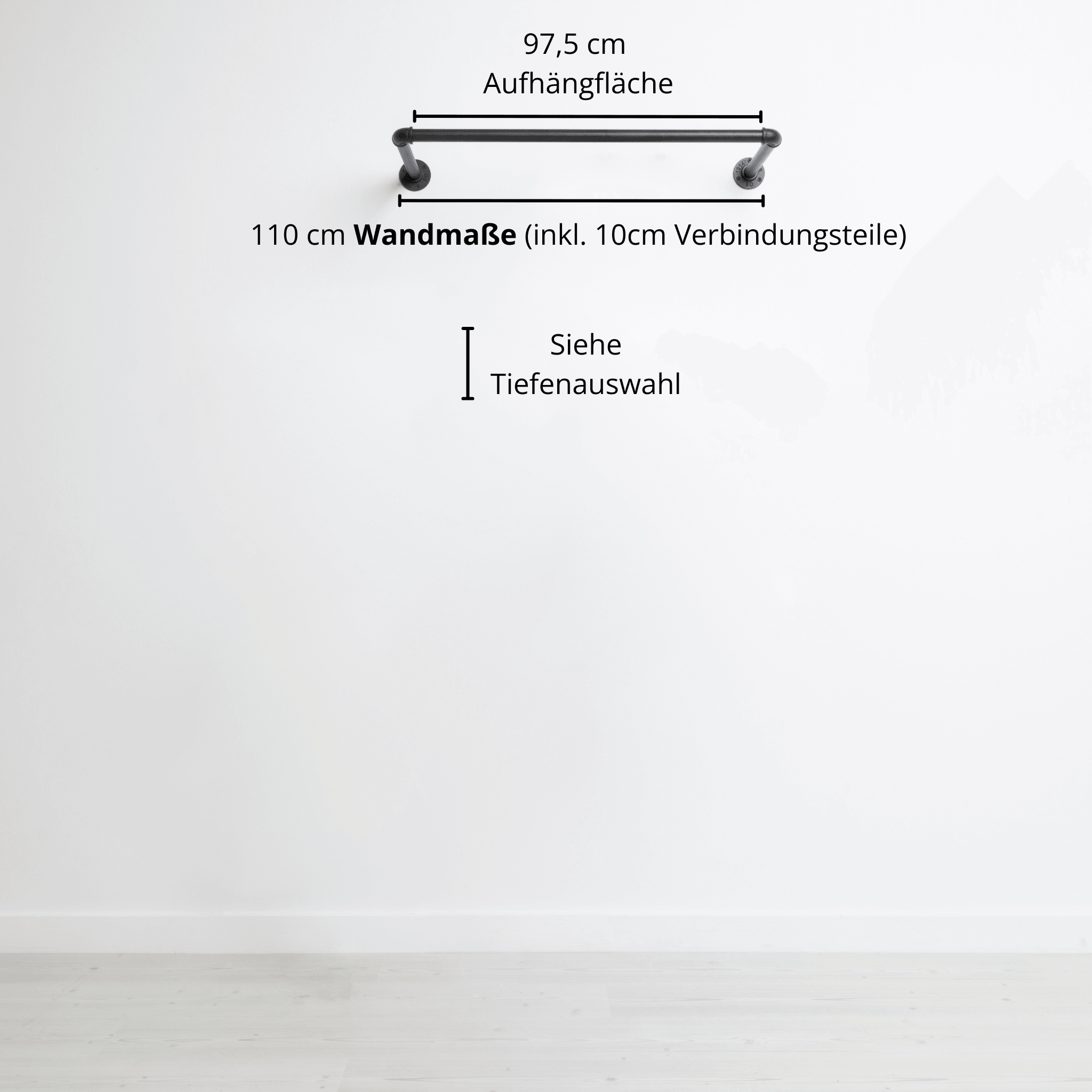 Kleiderstange wandmontiert schwarz - Modell Kaspar - Maßebild 110cm Breite|||44645924929800,50338581938440,50338581971208,44645924962568
