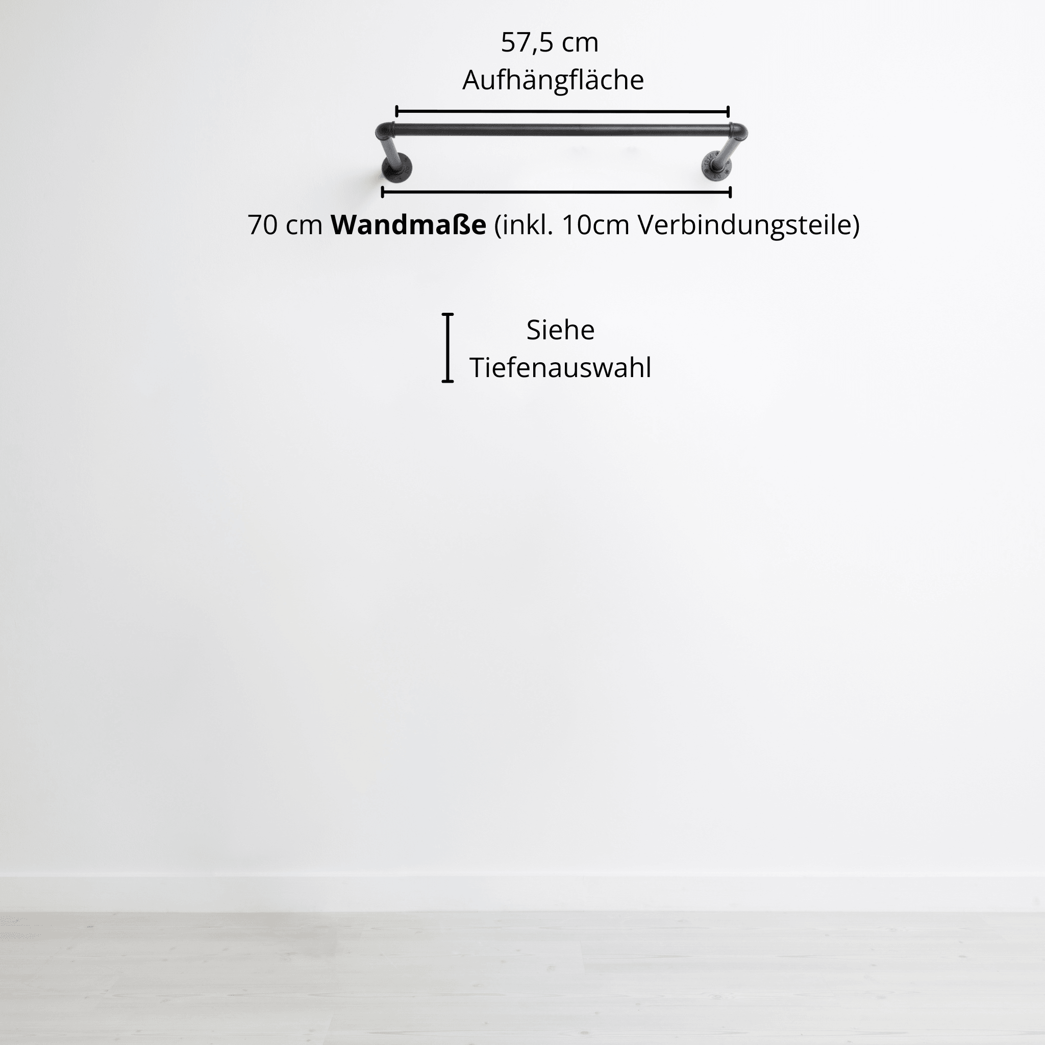 Kleiderstange wandmontiert schwarz - Modell Kaspar - Maßebild 70cm Breite|||44645924667656,50338581676296,50338581709064,44645924700424