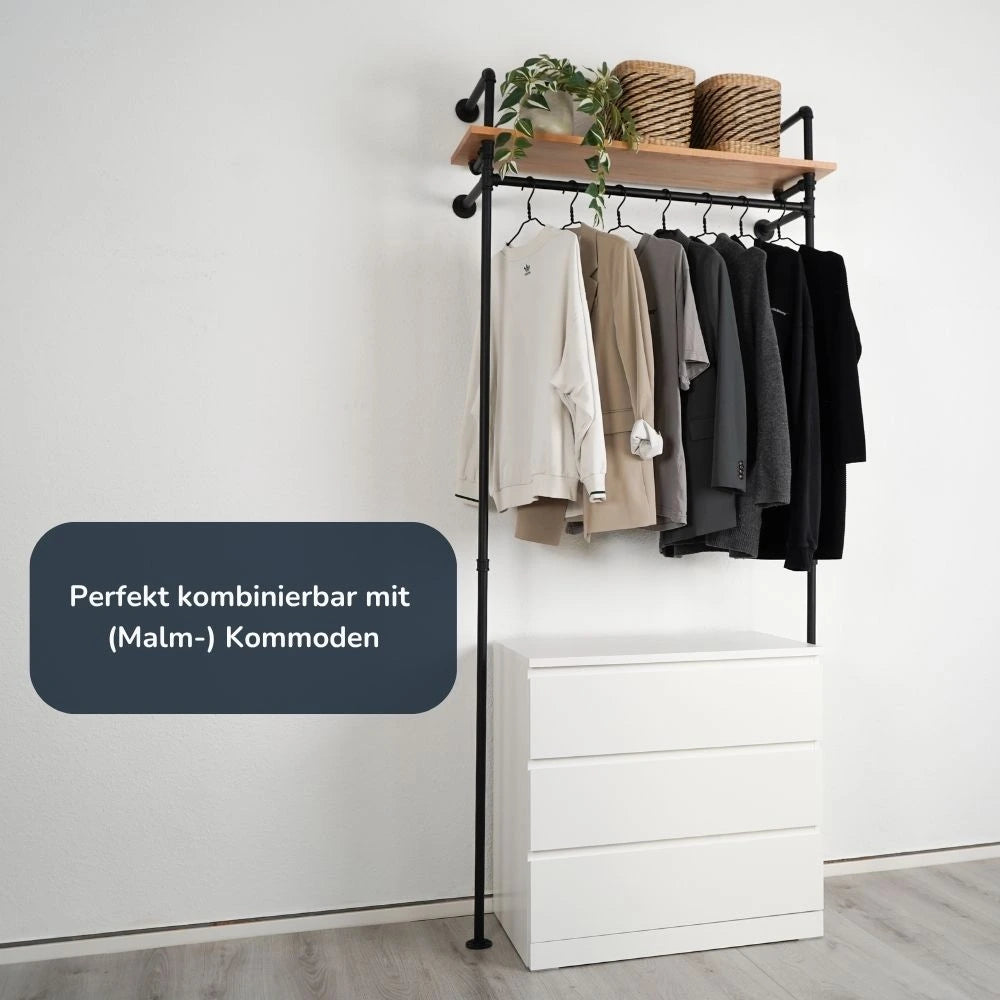 Kleiderstange mit Regalbrett - Schwarze Garderobe Schräge Ansicht mit Kommode - Modell Lisa|||51541622030600