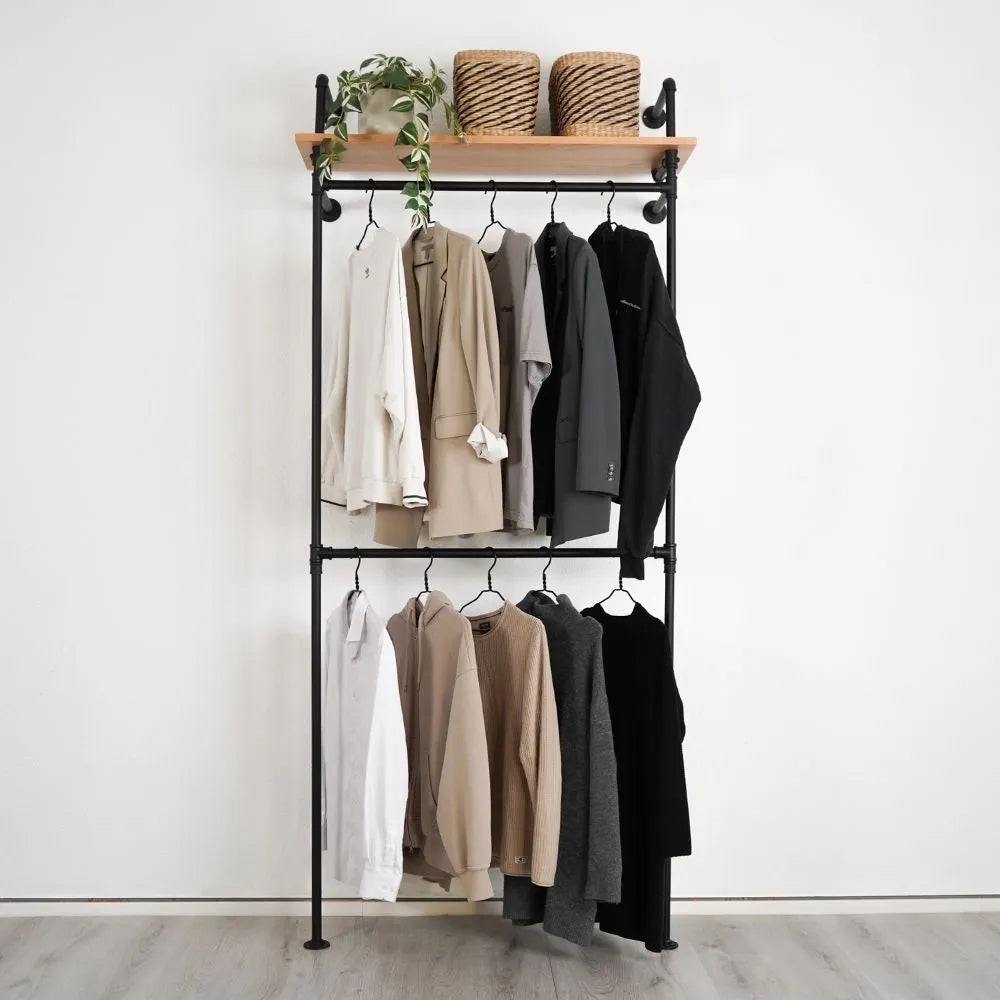 Kleiderstange mit Regalbrett - Schwarze Garderobe mit viel Stauraum Frontalansicht - Modell Lisa|||51541622063368