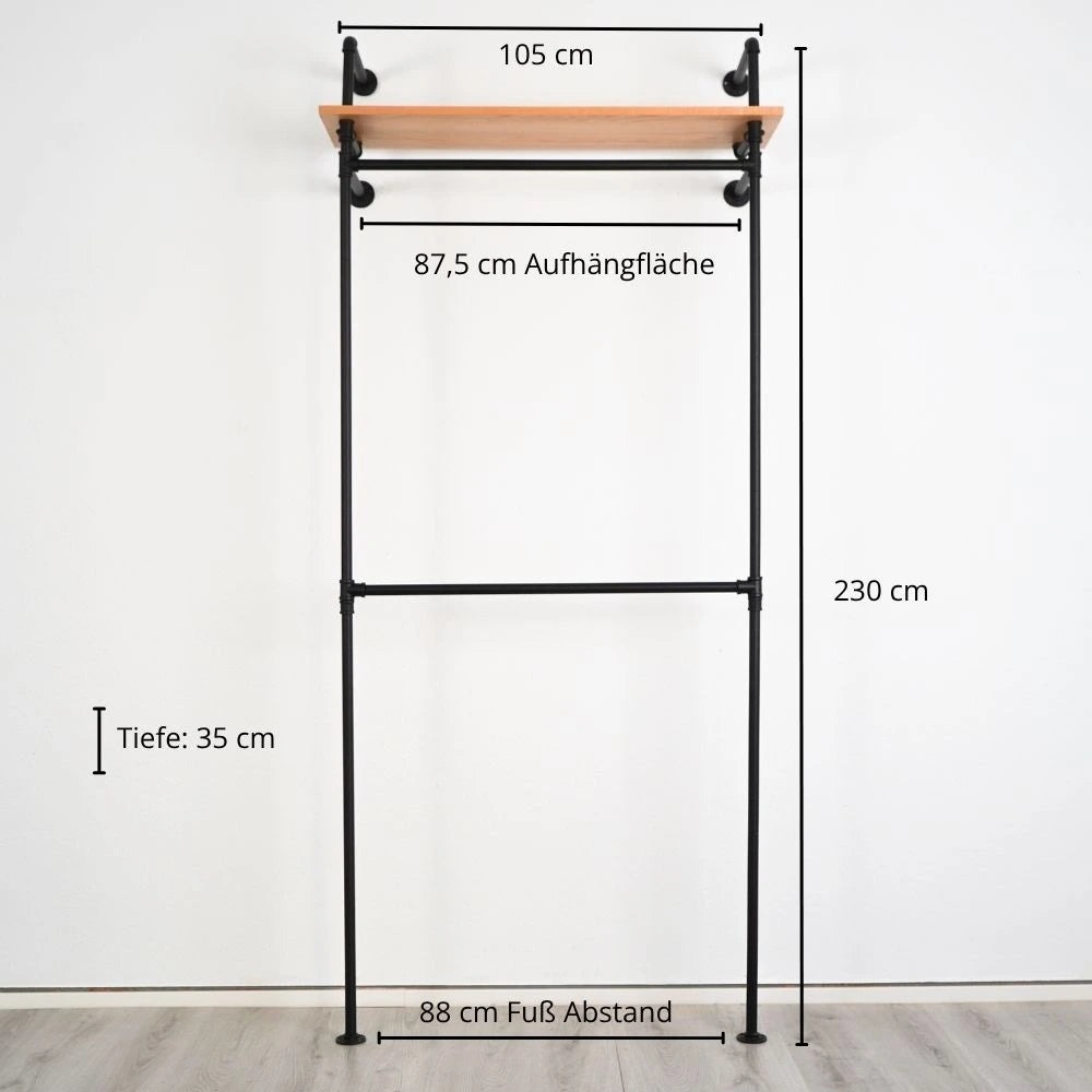 Kleiderstange mit Regalbrett - Schwarze Garderobe mit viel Stauraum Frontalansicht Maße - Modell Lisa|||51541622063368