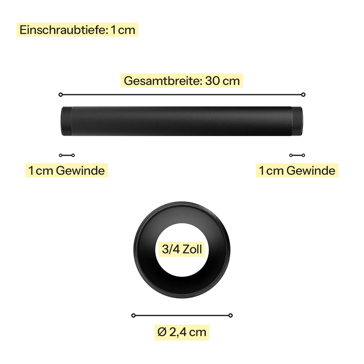 Industrielles Wasserrohr 30 cm - 3/4 schwarz - Maßebild - Kleidereisen|||44645937971464