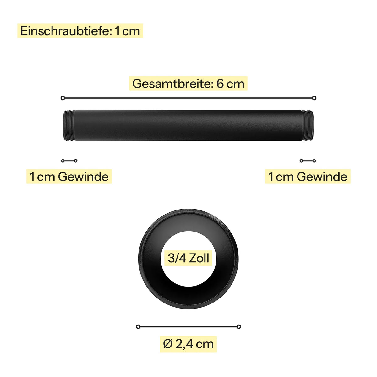 Industrielles Wasserrohr 6 cm - 3/4 schwarz - Maßebild - Kleidereisen|||44645937807624
