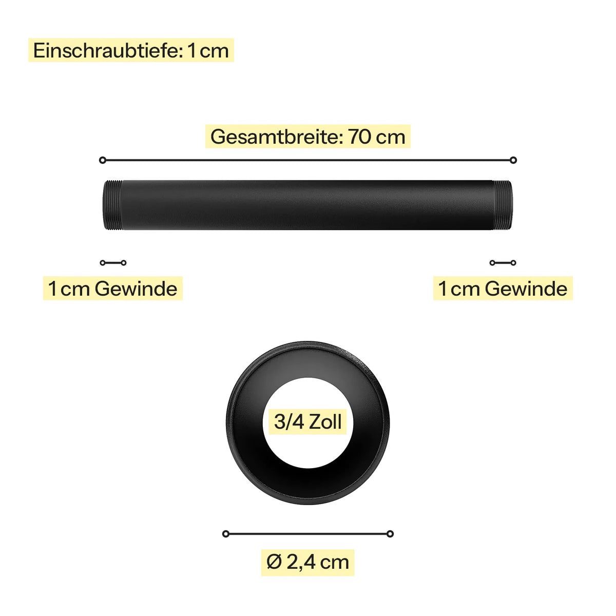 Industrielles Wasserrohr 70 cm - 3/4 schwarz - Maßebild - Kleidereisen|||44645938102536