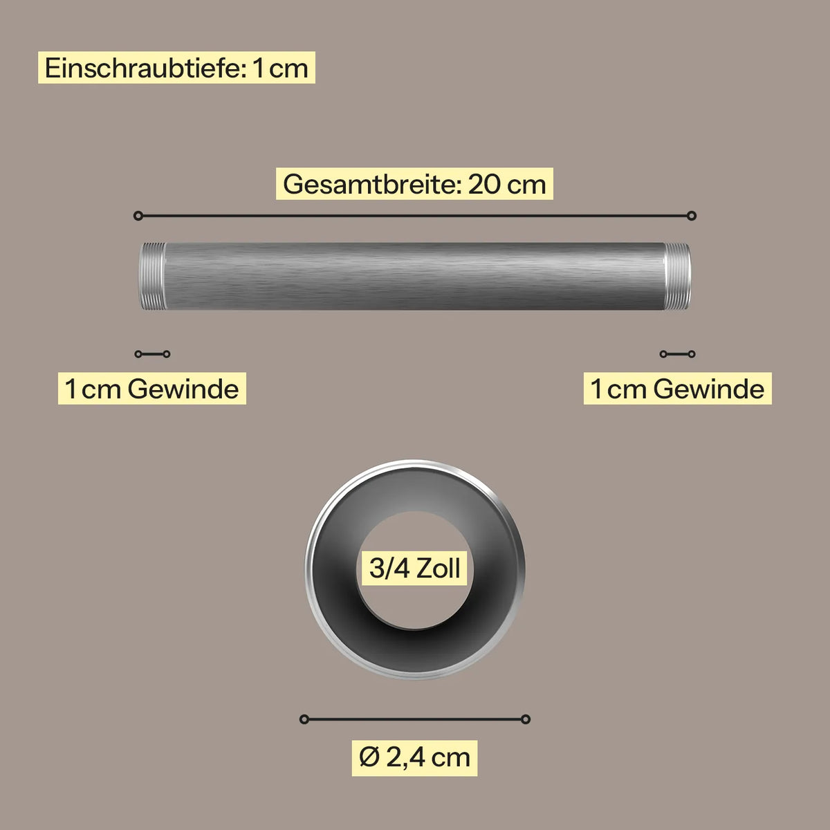 Industrielles Wasserrohr 20 cm - 3/4 silber - Maßebild - Kleidereisen|||50832669278472