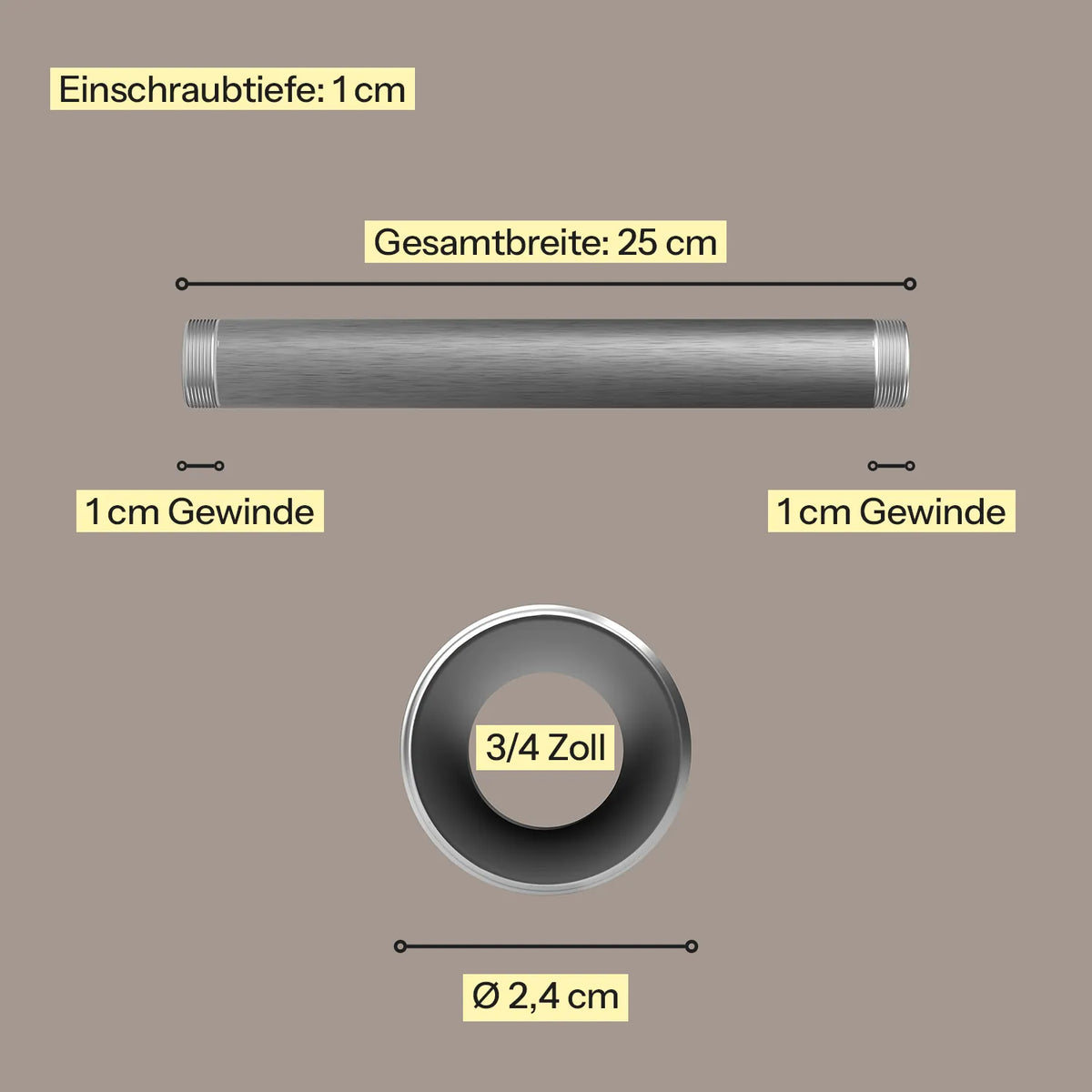 Industrielles Wasserrohr 25 cm - 3/4 silber - Maßebild - Kleidereisen|||50832669311240