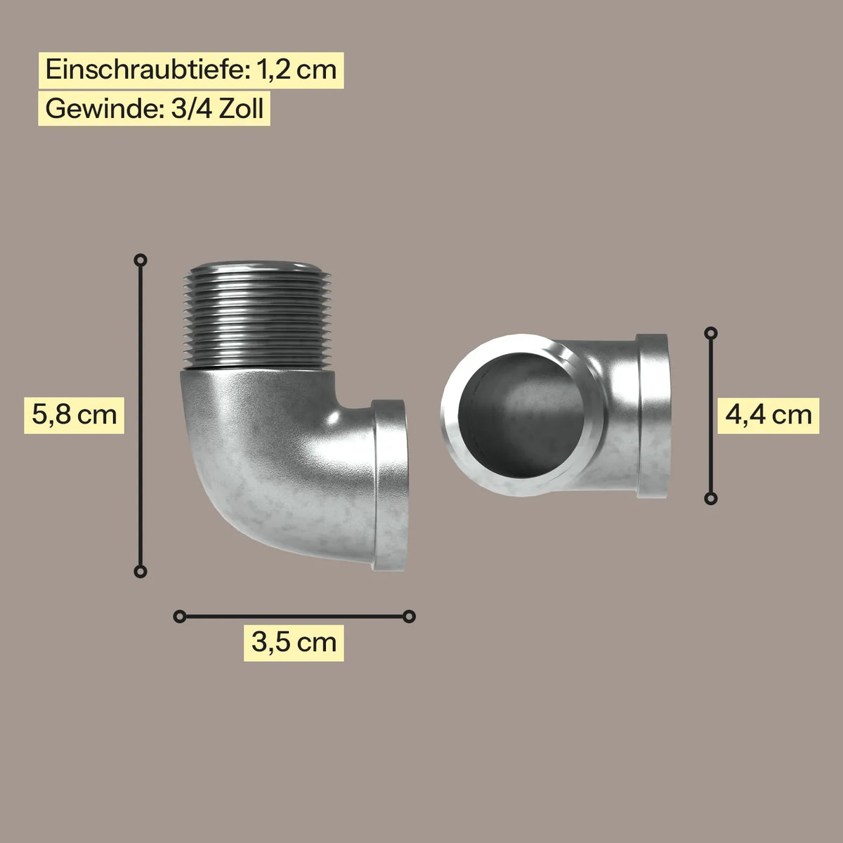 Winkelstück 90° Innen-/Außengewinde - 3/4" Silber - Maßebild Kleidereisen|||50877458350344