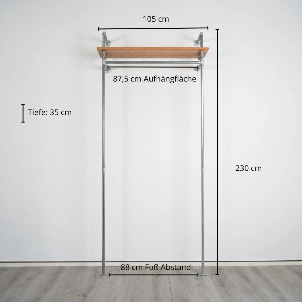 Kleiderstange mit Regalbrett - Silberne Garderobe Frontalansicht Maßebild - Modell Lisa|||51541622096136