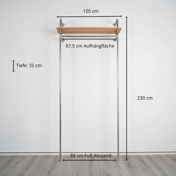 Kleiderstange mit Regalbrett - Silberne Garderobe Frontalansicht Maßebild - Modell Lisa|||51541622096136