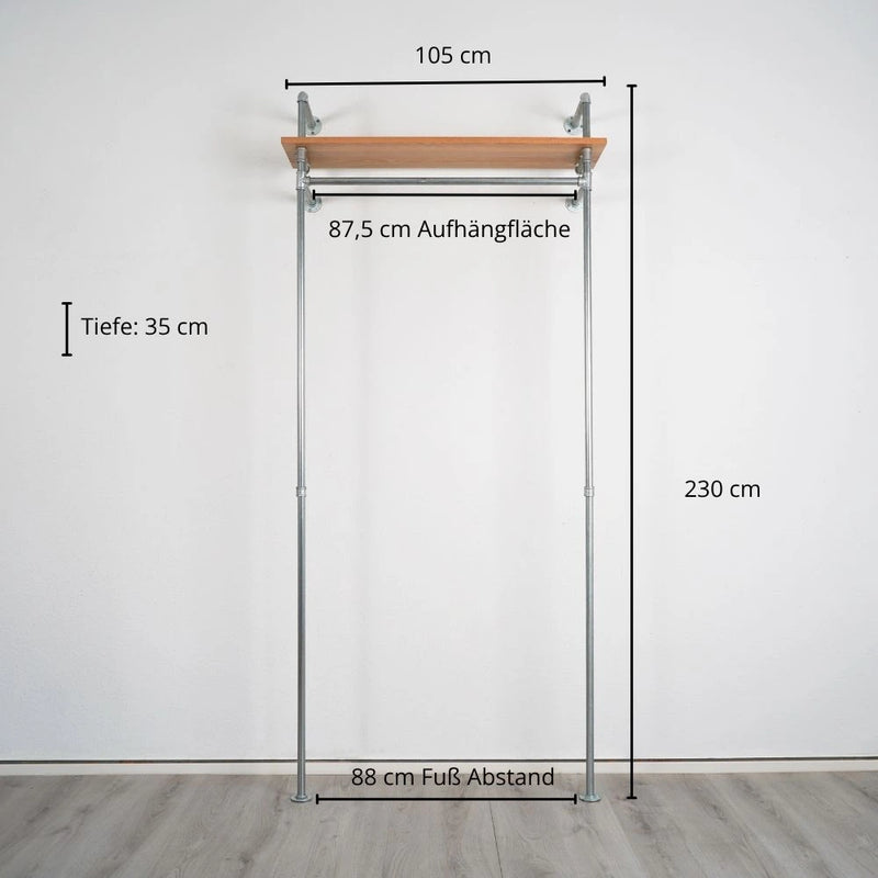 Kleiderstange mit Regalbrett - Silberne Garderobe Frontalansicht Maßebild - Modell Lisa|||51541622096136