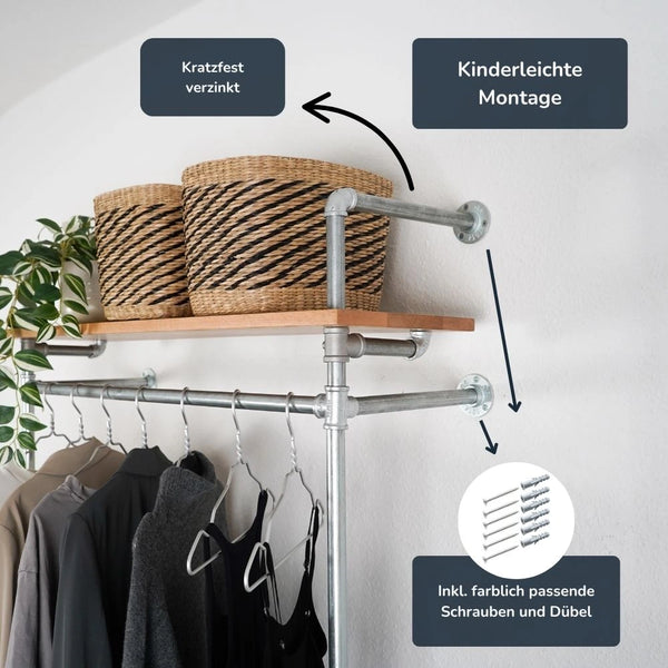 Kleiderstange mit Regalbrett - Helle Garderobe mit viel Stauraum Nahe Ansicht der Wandbefestigung - Modell Lisa:::silber
