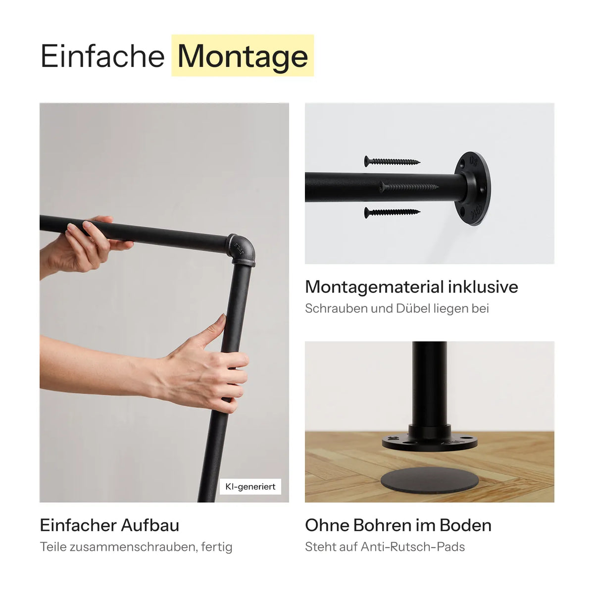Einfache Montage. Einfacher Aufbau, Teile zusammenschrauben, fertig. Montagematerial inklusive, Schrauben und Dübel liegen bei. Ohne Bohren im Boden, steht auf Anti-Rutsch-Pads. KI-generiert:::schwarz