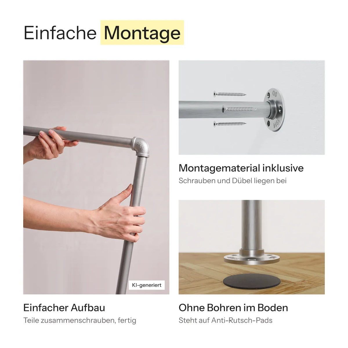 Einfache Montage. Einfacher Aufbau, Teile zusammenschrauben, fertig. Montagematerial inklusive, Schrauben und Dübel liegen bei. Ohne Bohren im Boden, steht auf Anti-Rutsch-Pads. KI-generiert:::silber