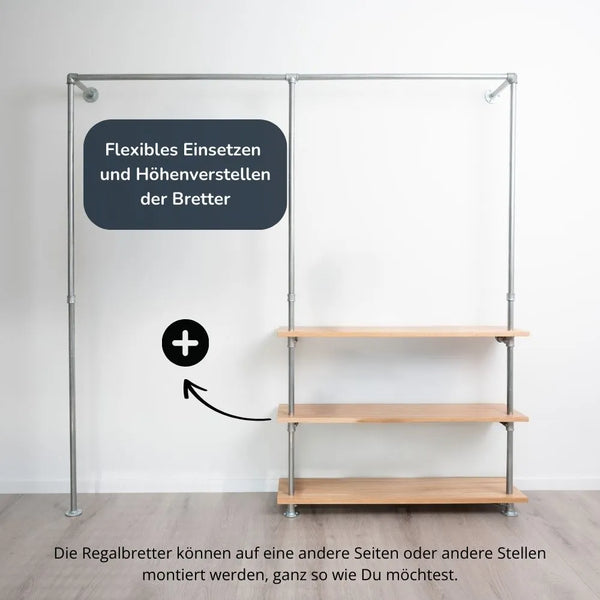 Kleiderstange wandmontiert in silber mit Eichenbrettern - Frontale Ansicht mit verstellbaren Eichenbrettern- Modell Elias III|||50942677090568