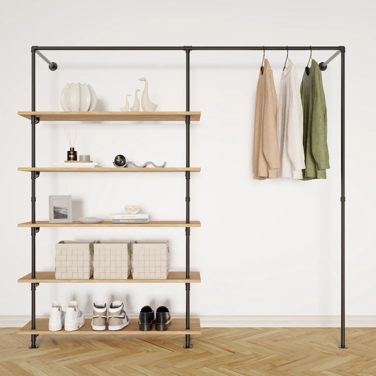 Kleiderstange wand mit Holzbrettern - Schwarze Rohrmöbel - Modell Elias V|||50992802529544