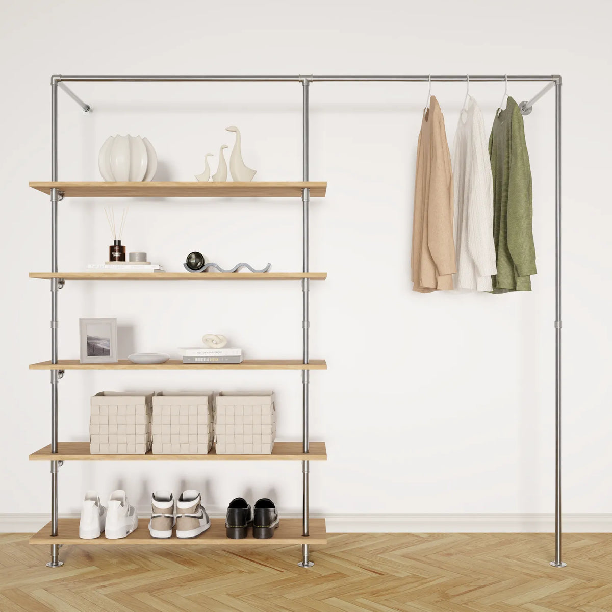 Kleiderstange wand mit Holzbrettern - helle Rohrmöbel - Modell Elias V|||50992802562312