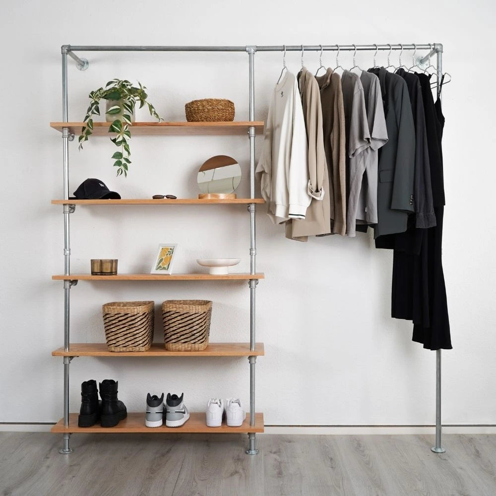 Kleiderstange wand mit Holzbrettern - helle Rohrmöbel - Modell Elias V|||50992802562312