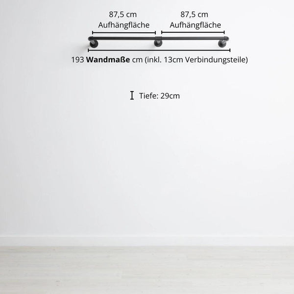 Kleiderstange wandmontiert schwarz - Modell Kaspar Double - Maßebild 193cm Breite|||44919871144200