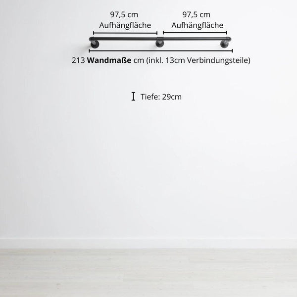 Kleiderstange wandmontiert schwarz - Modell Kaspar Double - Maßebild 213cm Breite|||49628204925192