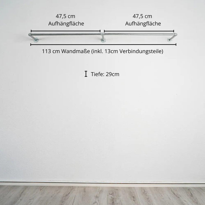 Kleiderstange wandmontiert schwarz - Modell Kaspar Double - Maßebild 113cm Breite|||50881534361864