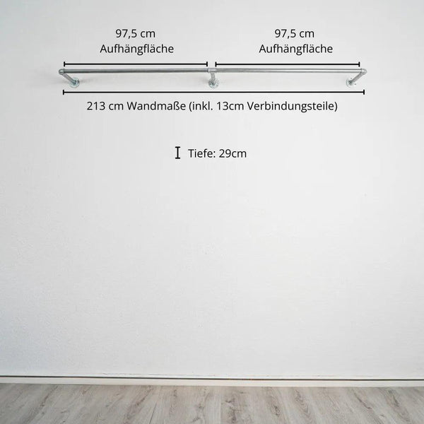 Kleiderstange wandmontiert schwarz - Modell Kaspar Double - Maßebild 213cm Breite|||50881534525704
